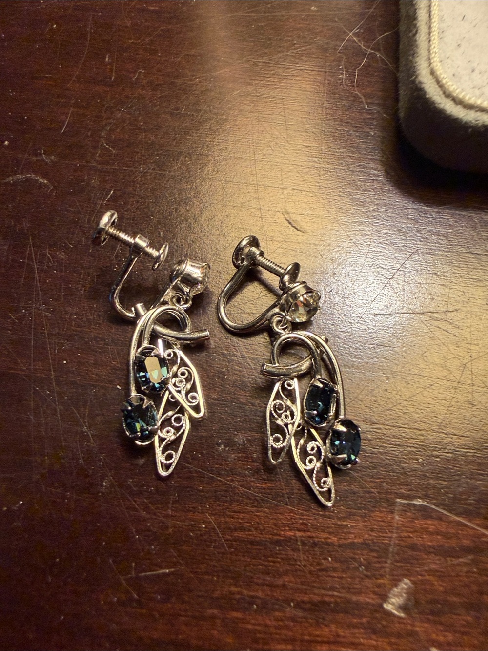 Silver-Tone Blue Crystal Filigree Drop Clip-On Earrings